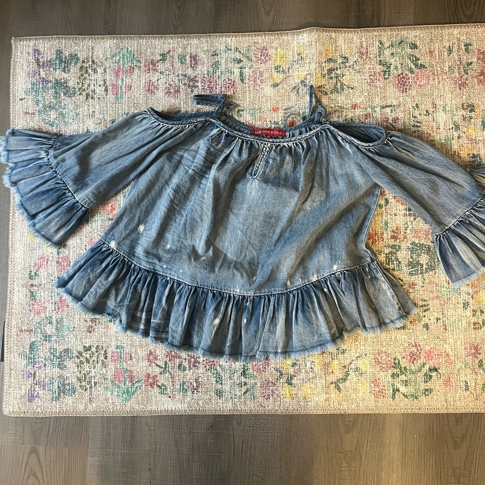 Saks Fifth Avenue Blue Ruffle Cold Shoulder Top